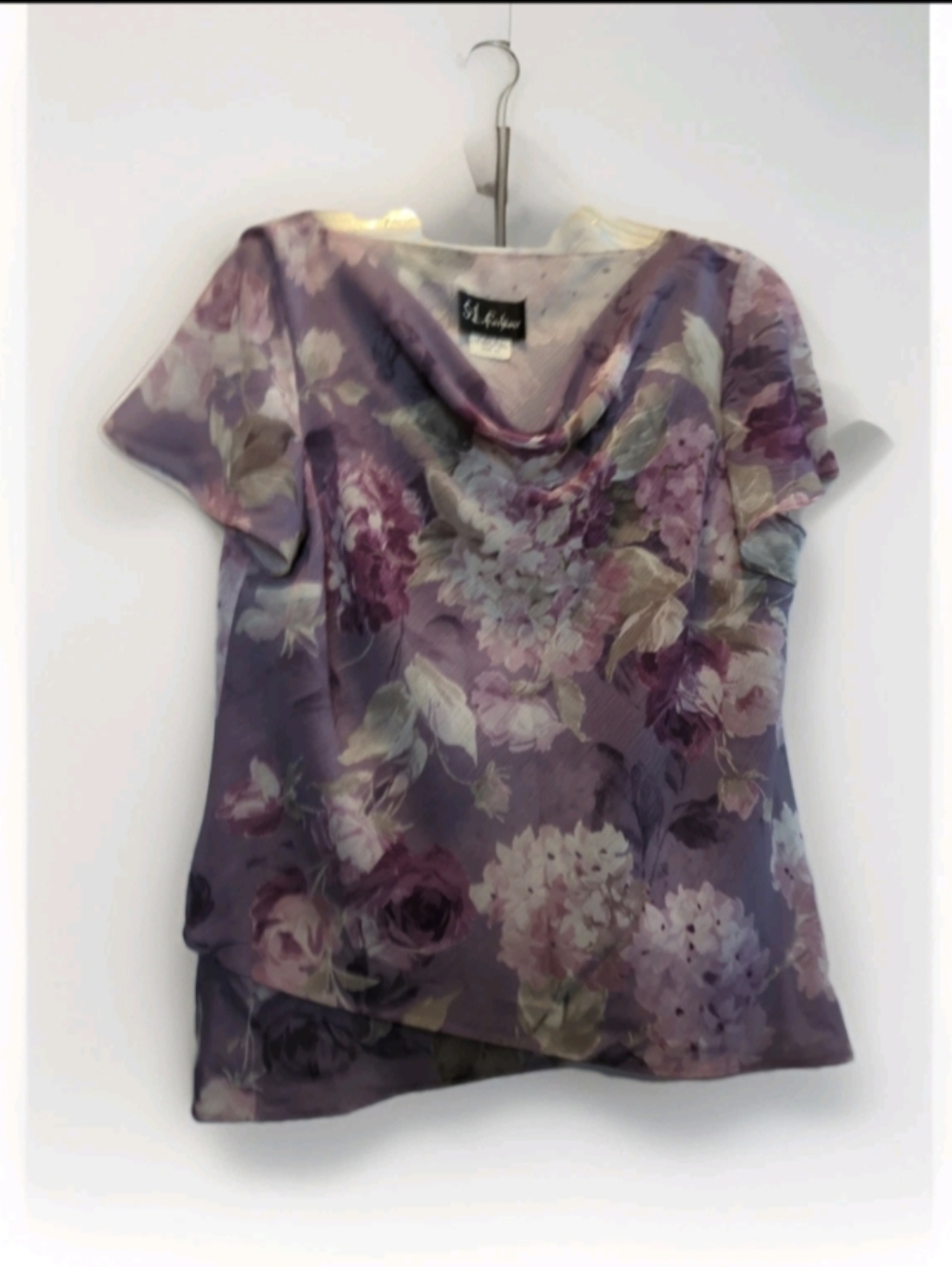 S.L. Fashions Purple Rose Floral Short Sleeves Cowl Neck Blouse Size 16